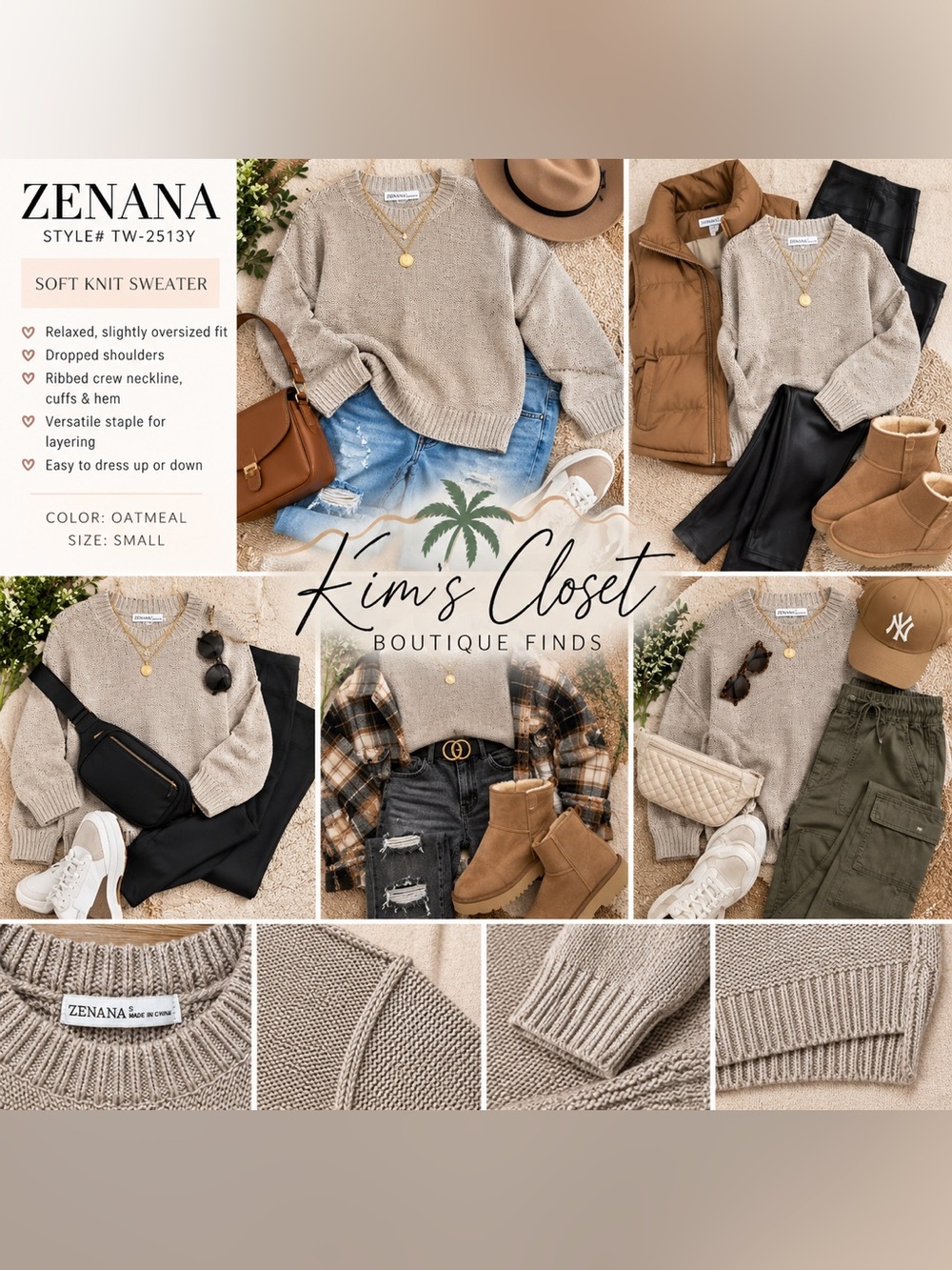 NWT Zenana Oatmeal Exposed Seam Knit Sweater Small